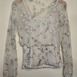 White House Black Market Blouse Top Women's X-small White Mesh Embroidered